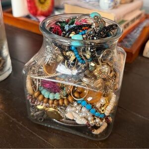 Jewelry mystery jar 75+pc mixed metals stone pearl shell rings necklace bracelet